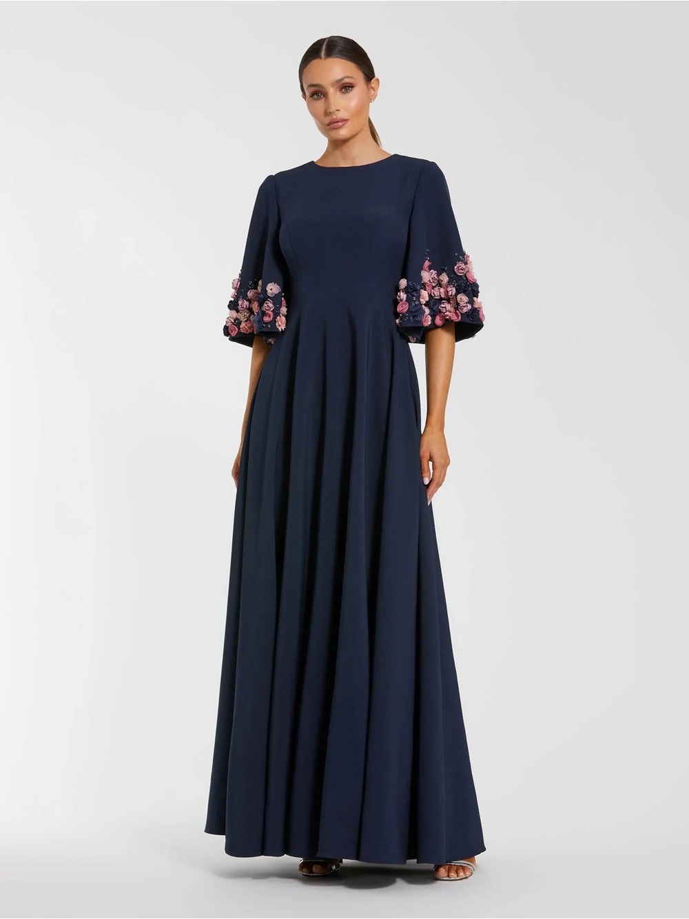 Mac Duggal 11854 Navy Crepe 3/4 Sleeve A-line Gown With Flower Trim sz 20